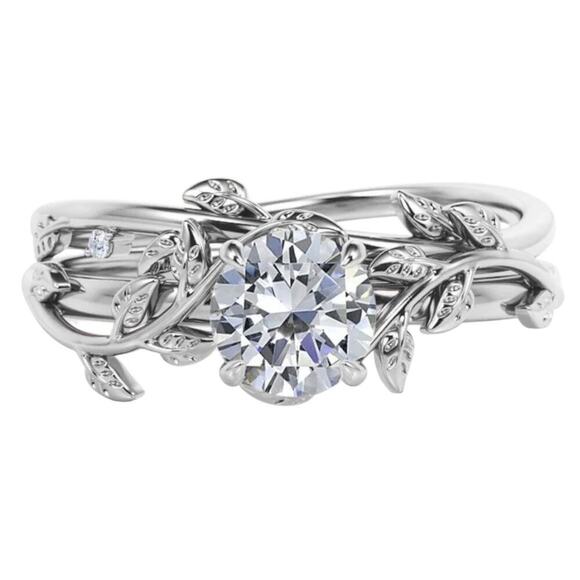 JeenMata Leaf CZ Engagement Ring 0.50 CT Round Cut 18K White Gold Silver Size 5 - Picture 1 of 10